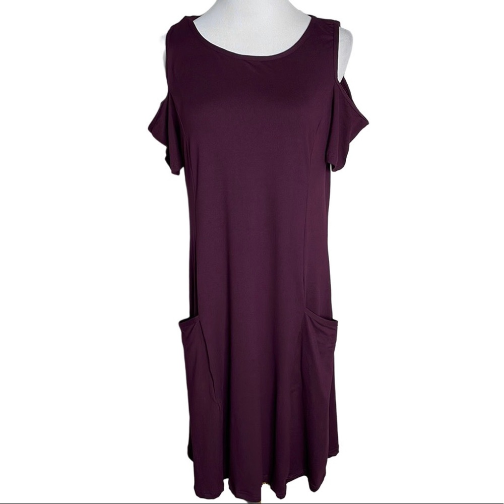 Eggplant Purple Short Sleeve Cold Shoulder Soft Casual Dress with Pockets